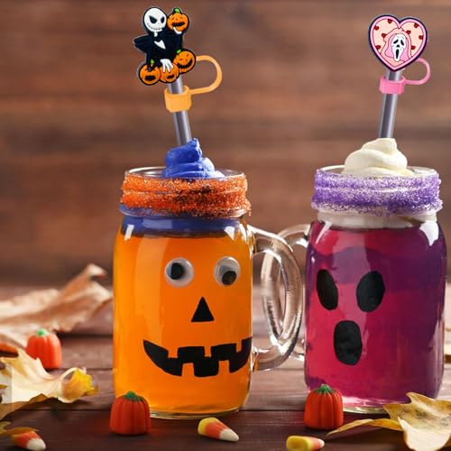 15PCS Halloween Ghost Straw Covers for Stanley Cups - Reusable Silicone Toppers