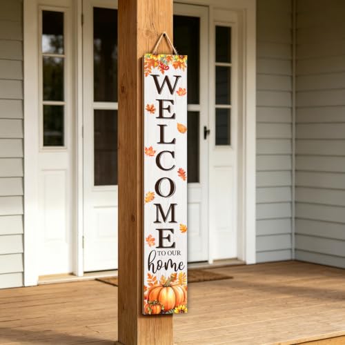 Fall Welcome To Our Home Porch Sign 47 Inches with Pumpkins & Maple Leaves - White Variation
