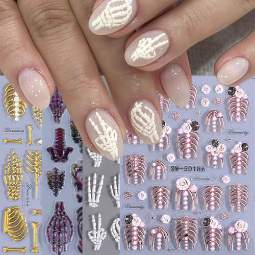 Halloween Skull Nail Stickers Set - Style02 Embossed Skeleton & Rose Design, 4 Sheets for Gothic Nail Art