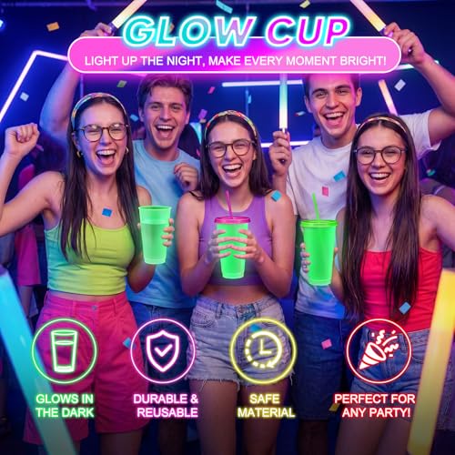 Glow in the Dark Halloween Cups with Colorful Lids - 15 Pack, 24 oz Reusable Drinkware