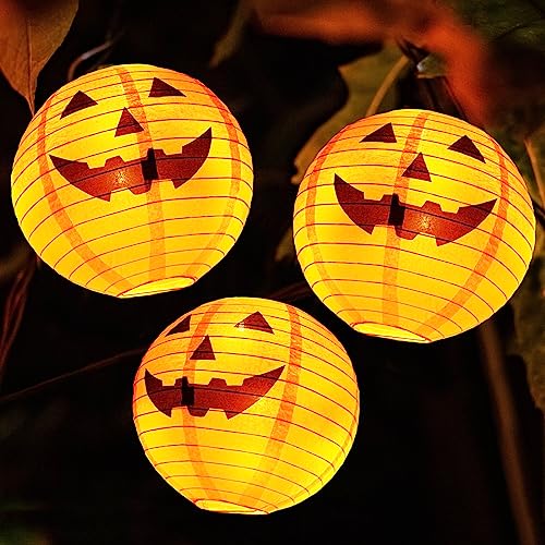 Halloween Pumpkin Paper Lanterns Set of 20 with LED Lights - 10 Inch Jack O Lantern Decorations