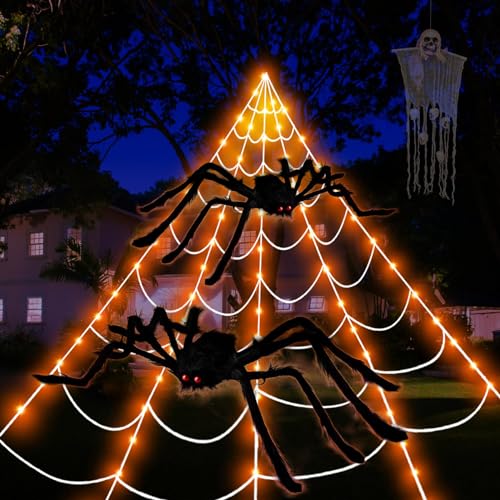 Kenburg 23Ft Large Orange Spider Web Halloween Decorations Outdoor Lights with 2 Giant Spiders & 8 Modes