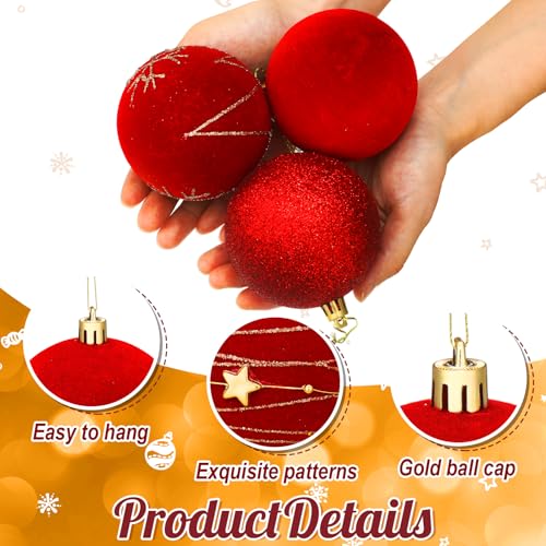Red Velvet Christmas Ball Ornaments Set - 12 Pcs 3.15 Inch Flocked Holiday Decor