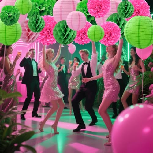 Party Decor Set with Pink and Green Paper Lanterns, Pom Poms & Honeycombs - Reusable Event Decorations