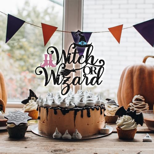 Black Glitter Witch or Wizard Cake Topper - Halloween & Gender Reveal Decor