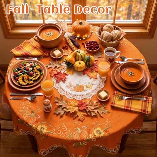 Fall Tablecloth 34 Inch Square Embroidered Pumpkin Sunflowers Autumn Decor - Rust Orange