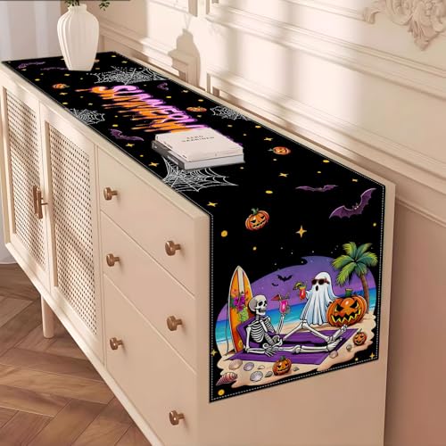 Summerween Halloween Table Runner Tropical Ghost Beach Party Decor 13x72in