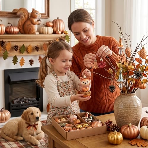 Fall Woodland Tree Ornaments Set - Squirrel, Pumpkin, Mushrooms & Harvest Decor