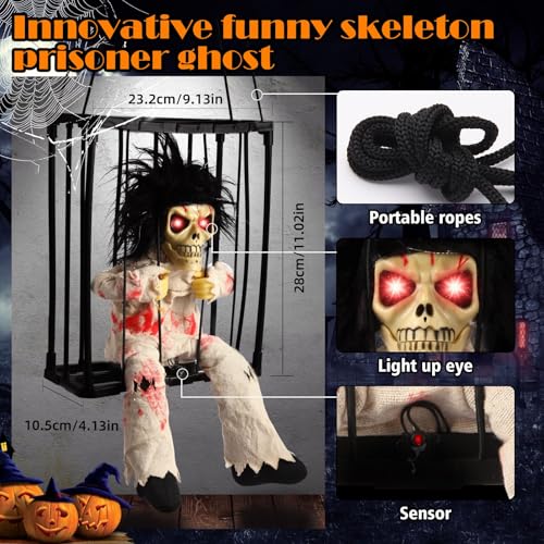 Animated Halloween Skeleton Ghost Hanging Prop with Motion Sensor and Sound - Lights Up Eyes for Indoor Outdoor Decor