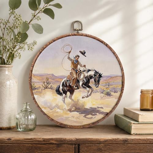 Western Cowboy Round Wall Art Decor 10x10 Inch Framed Print - Rustic Horse Scene