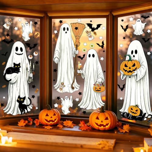 Large Ghost Halloween Window Stickers - White, 8 Sheets for Indoor & Outdoor Decor