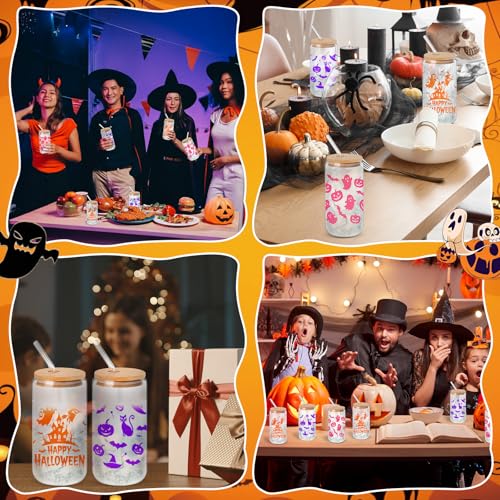 Vesici 12 Pack Color Changing Halloween Glass Cups with Lids & Straws - Ghost Pumpkin Bat Design