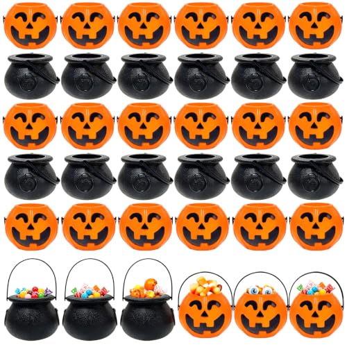 Mini Halloween Pumpkin Buckets Set - 36 Black and Orange Portable Candy Baskets
