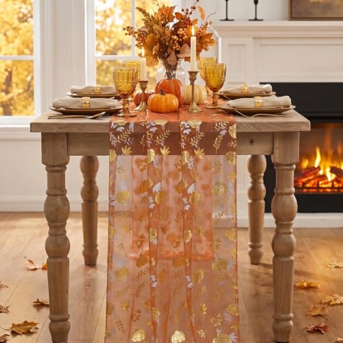 Fall Gauze Table Runner 120 Inch Caramel with Metallic Foil Leaves - Artoid Mode