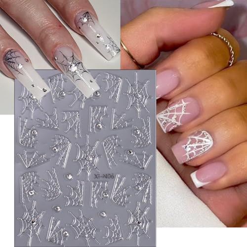 Multicolor Glitter Halloween Nail Stickers Spider Web Rhinestones 8 Sheets - Nail Art Decoration