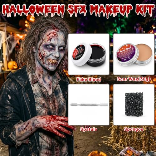 Halloween Special Effects Makeup Kit - Set 3 with Scar Wax Blood Gel & Tools