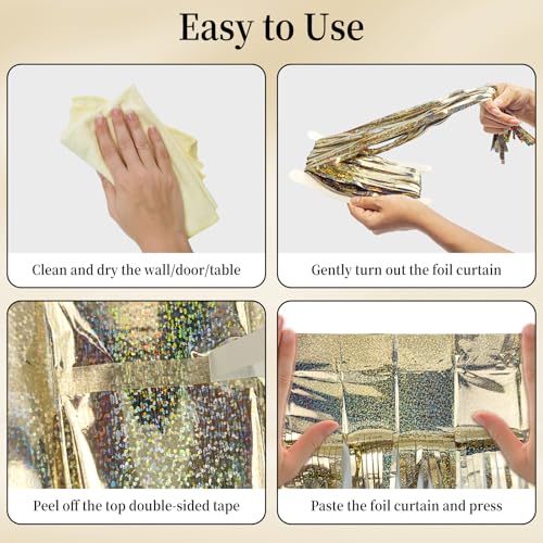 Glitter Champagne Gold Foil Fringe Backdrop Curtains - 3 Pack, Party Decorations