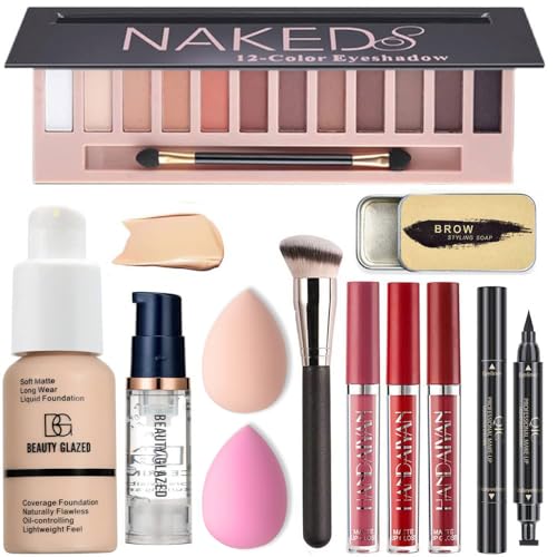 All in One Makeup Kit SetA - 12 Eyeshadow Palette, Face Primer, Eyebrow Soap, Brushes & Sponges
