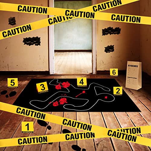 Crime Scene Decoration Kit for Murder Mystery & Halloween Parties - Body Silhouette, Caution Tape, Evidence Markers & Stickers