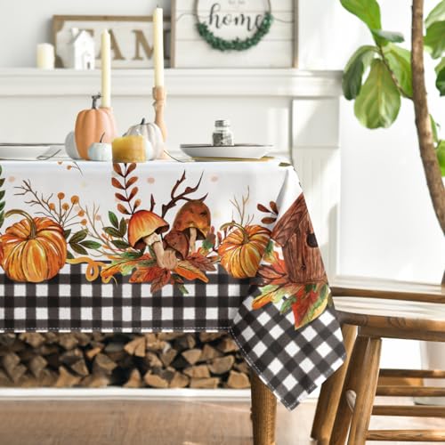 Horaldaily Fall Tablecloth 60x120 Inch Rectangular Black Harvest Pumpkin & Mushroom
