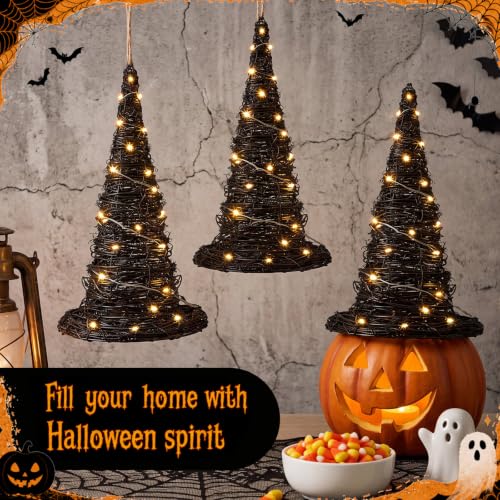 Halloween Rattan Witch Hat Decor Set with LED String Lights - Indoor Outdoor 12 Inch