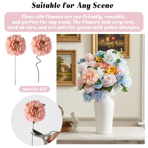 Artificial Flowers Combo - Pink, Blue, Yellow Silk Roses & Dahlias for DIY Bouquets & Decor
