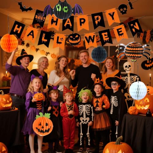Halloween Banner with 6 Paper Honeycombs Party Decorations Set