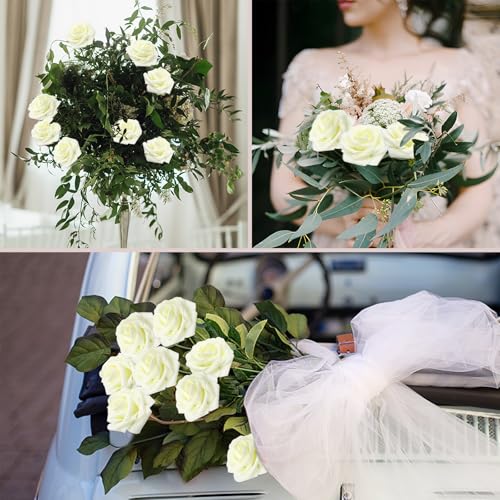Ivory Artificial Roses Set - 100 Realistic Latex Flowers with Bendable Stems & 24 Leaves - Wedding & DIY Decor - Variation of THIS listing 100