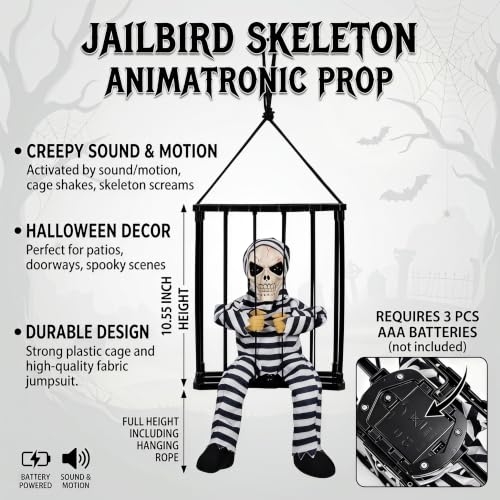 Scary Skeleton Cage Halloween Decor with Motion Sensor and Glowing Red Eyes