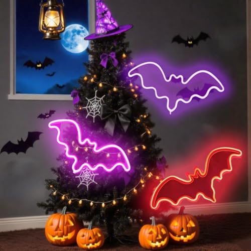 3 Pack LED Bat Neon Signs for Halloween Decor - Red Pink Purple Variations