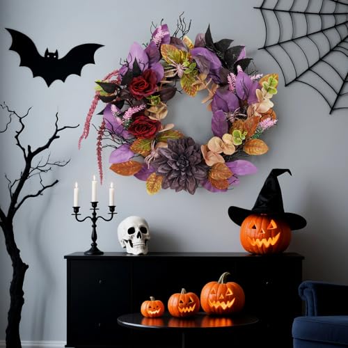 Halloween Wreath 18 Inch with Artificial Roses & Spiders - Round Red & Purple Flowers