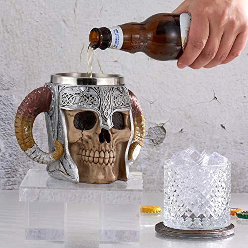 Viking Skull Mug with Coaster Design-2 17oz Stainless Steel Drinkware - Medieval Beer & Coffee Mug