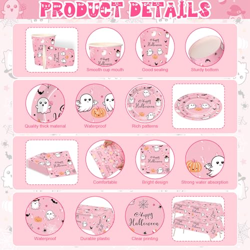 Pink Halloween Party Supplies Set for 24 Guests - Plates, Cups, Napkins & Tablecloths