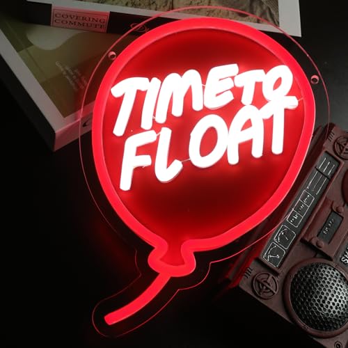 Neon Sign Wall Decor - 'Time to Float' Creepy Clown & Red Balloon, Dimmable Acrylic Light, Halloween Horror Gift - Variation: Red IT FLOAT