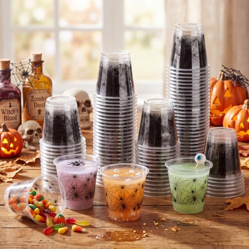 Halloween Spider Shot Glasses Set - 100 Pack, 3 oz Mini Plastic Cups, Black & Spider Variation