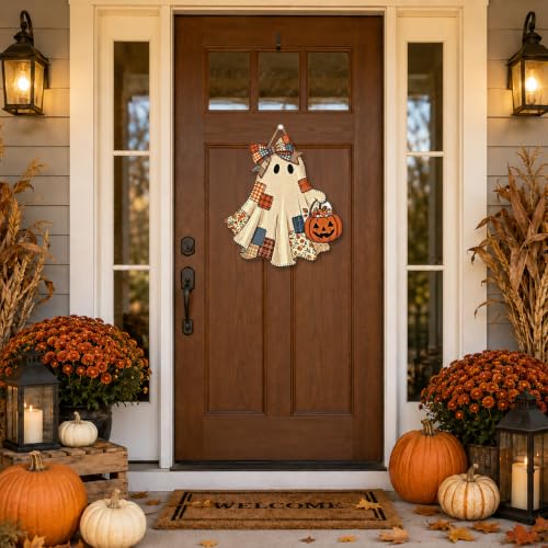 Halloween Pumpkin Ghost Wooden Sign - Fall Decor Door Wall Art