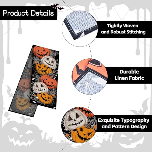 Halloween Linen Table Runner 72x13 Inches Spooky Pumpkin & Web Design