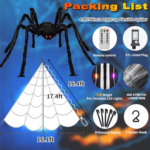 Halloween Outdoor Spider Web Lights with Spider & 8 Modes - Dark Purple & Orange Variation