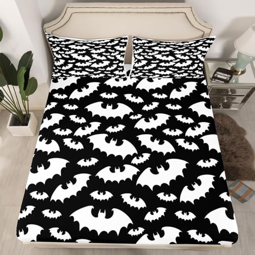 Halloween Bat Bedding Set Full Size - Glitter Stars Galaxy Kids Bed Sheets with Variation Multi 45