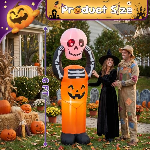 6FT Halloween Inflatable Pumpkin Skeleton with LED Lights - Yard Decor, Spooky Halloween Party