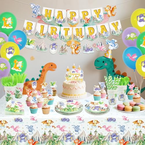 Dragon Party Supplies Set for Kids Birthday - Banner, Plates, Cups, Balloons & More, Serves 20