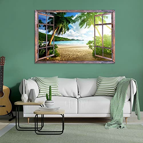 Large Tropical Beach Canvas Wall Art - Ocean Sunset Palm Trees, 48 x 32 Inches, Coastal Seascape Decor