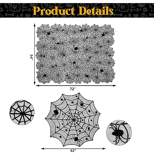 Halloween Spider Web Tablecloth Set - 54x72 Rectangular & 42 Inch Round Black Lace Decor