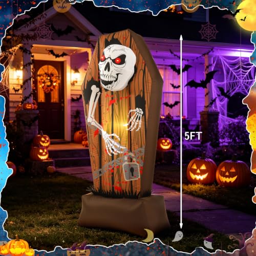 5FT Inflatable Halloween Coffin Decor with LED Skeleton & Weather-Resistant Material