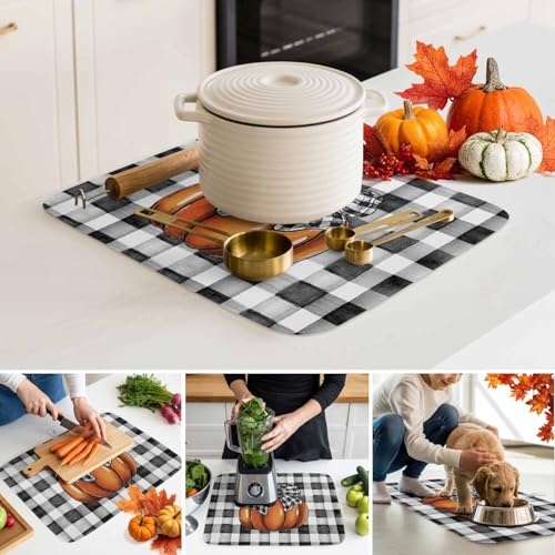 Fall Dish Drying Mat Orange Pumpkin Thanksgiving Kitchen Counter 18x24 Black Orange