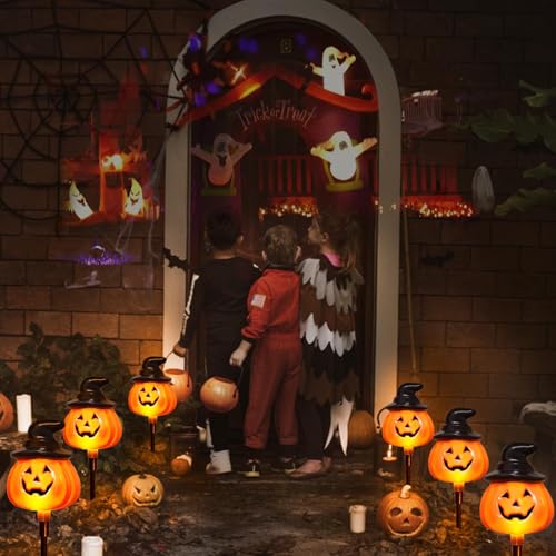 Solar Jack O Lantern Stake String Lights - Halloween Pathway Decor, Outdoor Waterproof Yard Lights