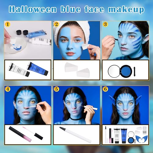Avatar Cosplay Makeup Kit with Face Paint, Elf Ears, UV Eyeliner & Lip Gloss