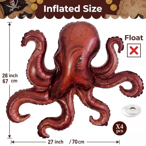 4Pcs Octopus Foil Balloons for Pirate Ocean & Halloween Party Decor