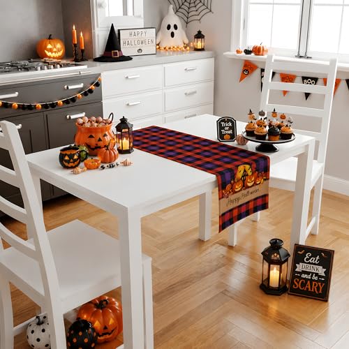 Halloween Checkered Table Runner with Spooky Design - Fall Kitchen Decor - Halloween Party Favors - Variation: Halloween Plaid