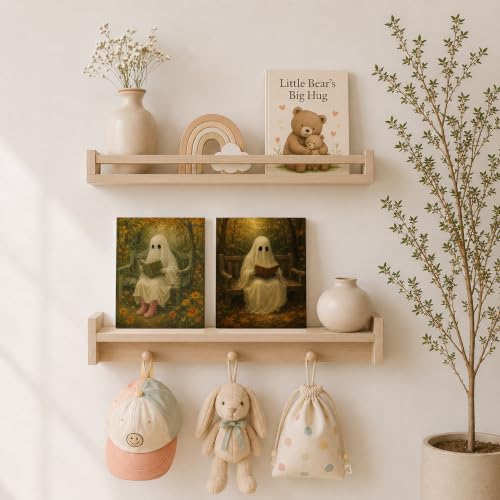 Ghost Reading Book Wall Art Decor Set of 4 - Halloween Fall Whimsical 8x10 Inch